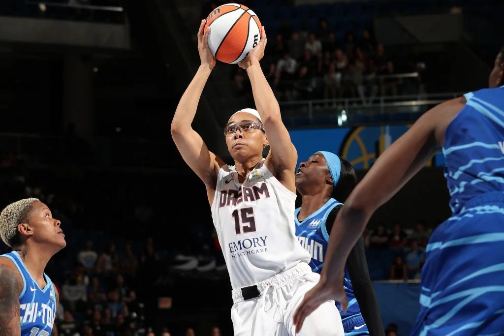 Allisha Gray #15 of the Atlanta Dream shoots the ball during the game against the Chicago Sky on July 7, 2023 at the Wintrust Arena in Chicago, IL