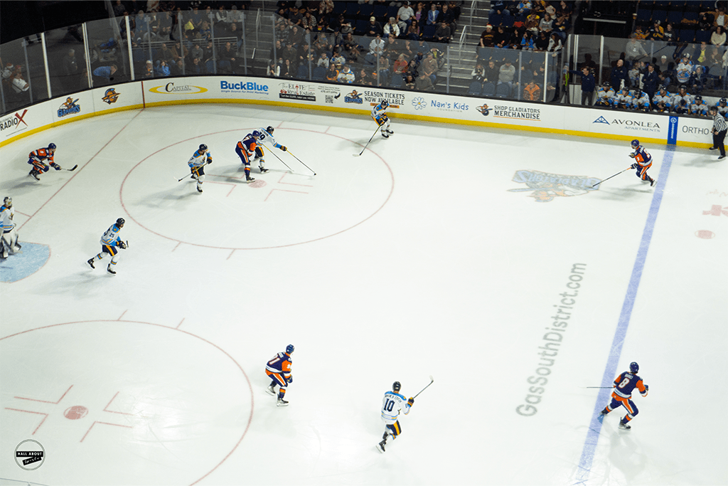 Atlanta Gladiators take on the Orlando Solar Bears during the first period at Gas South Arena on December 23, 2023