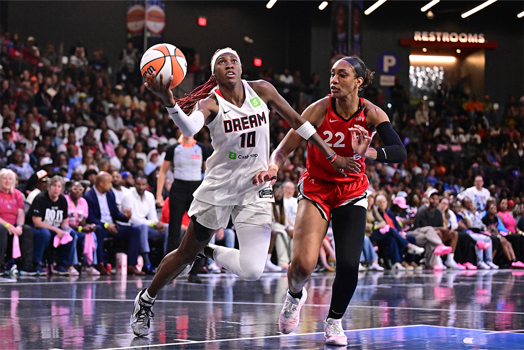 Atlanta Dream guard Rhyne Howard drives towards the basket against the Las Vegas Aces on August 27, 2025 at Gateway Center Arena. (Photo courtesy of the Atlanta Dream and Adam Hagy/NBAE/Getty Images)